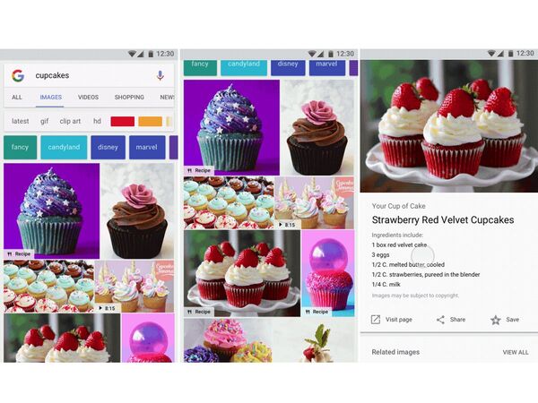 グーグル、モバイル版の画像検索画面に「レシピ」などのバッジが表示