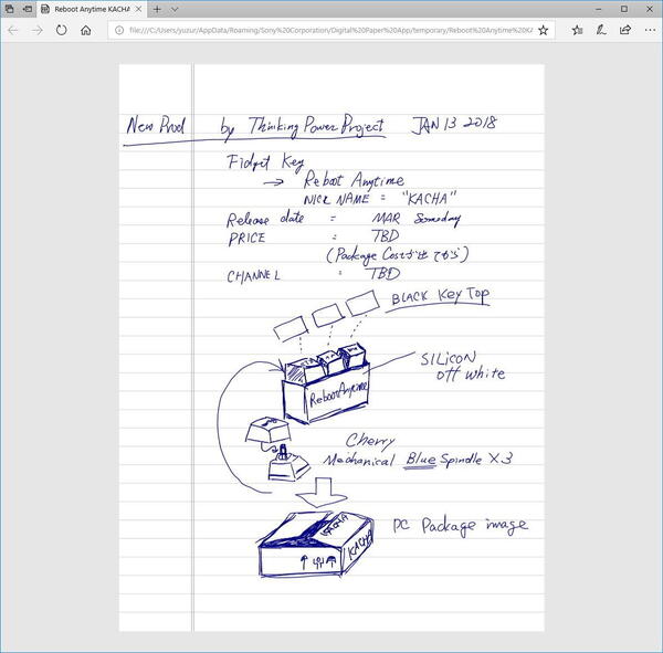 デジタルペーパー上では黒インクイメージだが、パソコン内の同期フォルダの中に保管されたNoteデータは青いインクのボールペンで描いたイメージで保存される。デジタルペーパー上で、ペンの太さや色（青か赤）を選択するとそのイメージで保管される