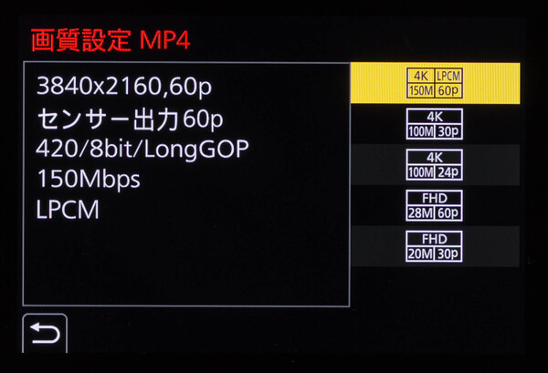 GH5ほどの細かい設定はできないが、4Kの動画記録が可能。画質も固定されている
