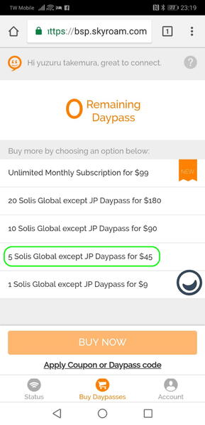 DAYPASSは現在日数の量に応じて9ドルから、5種類ある