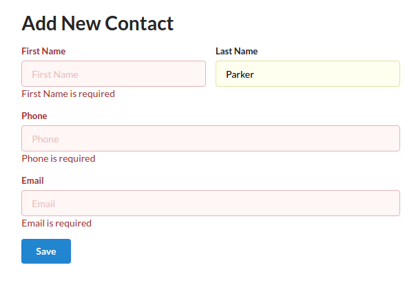 New contact form showing validation errors
