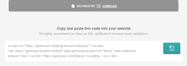 Code snippet generated by Gumroad to integrate with Jekyll