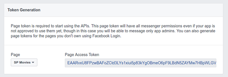 Token Generation section showing Page Access Token