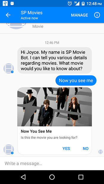 Example of a Structured Message from the Facebook chat bot