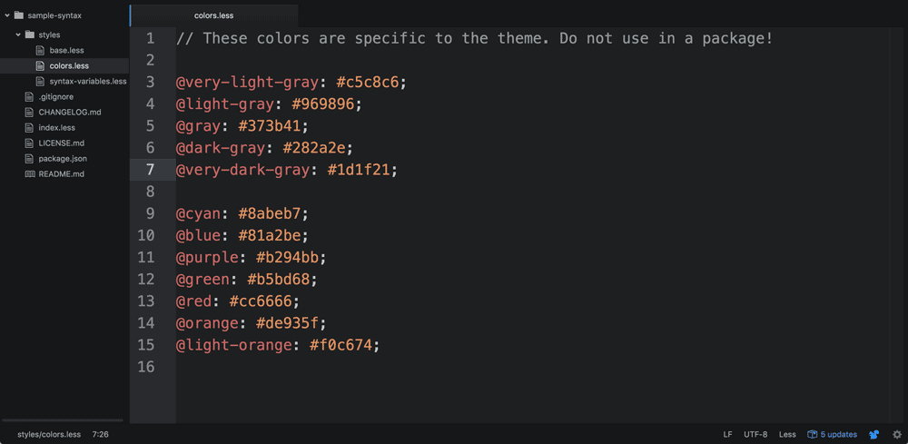 The initial theme colors.less file