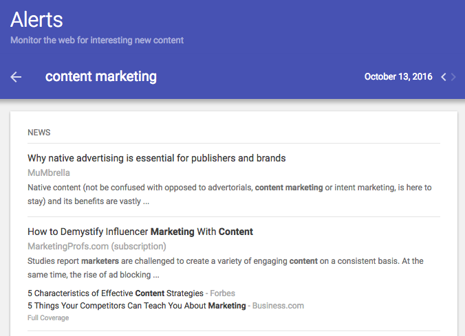 Content marketing Google Alert screenshot