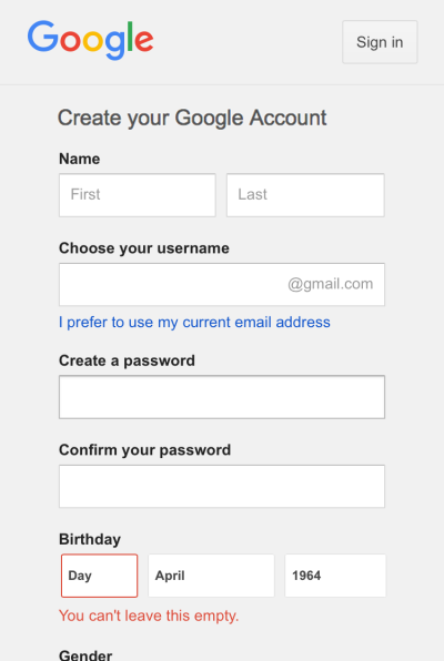 Figure 4: Google's account creation tweaked.