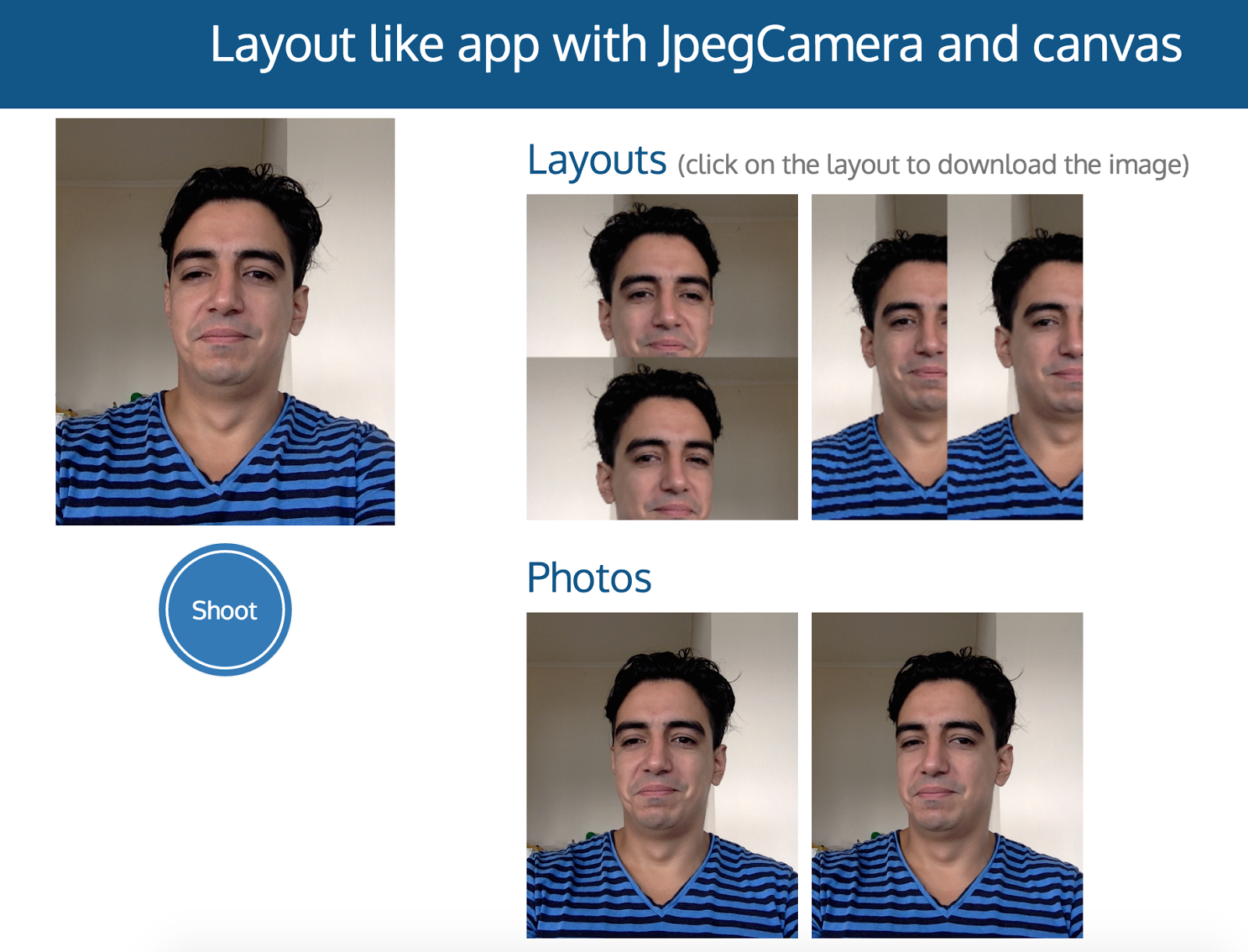 Screenshot of the Layout-like app using JpegCamera and Canvas.