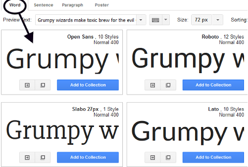 Preview of single word on Google Fonts website.
