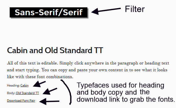 Filtering capabilities at work on the Font Pair website.