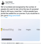 マイクロソフト「Bing」AI機能ウェイティングリスト登録者が100万人超え