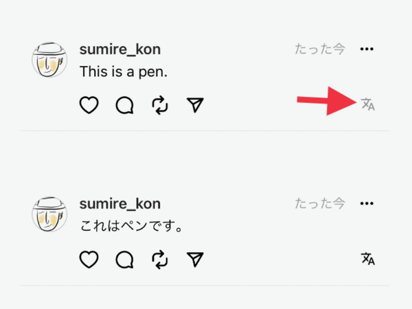 赤矢印の先にある翻訳アイコンをタップすると日本語に翻訳される