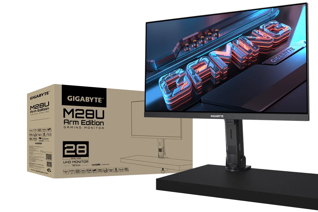液晶アーム標準装備の28型液晶「M28U AE」は可動域が広く台座不要で机上もスッキリ