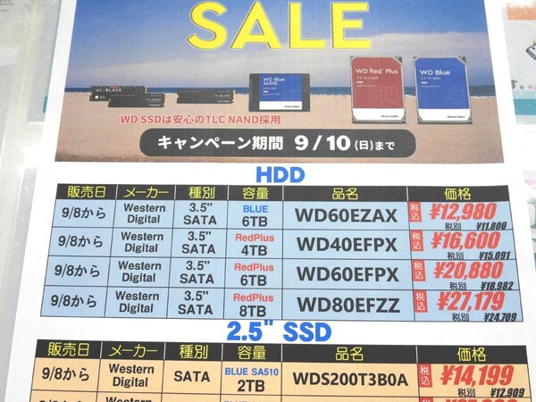 【特価情報】8～10日はWestern Digital製SSDとHDDが決算セール