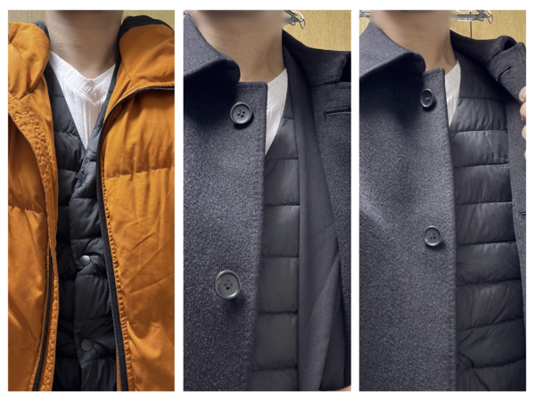 上着とセットでの着用例（左から「ジャンパー」「ジャケット＋コート」「コートのみ」）