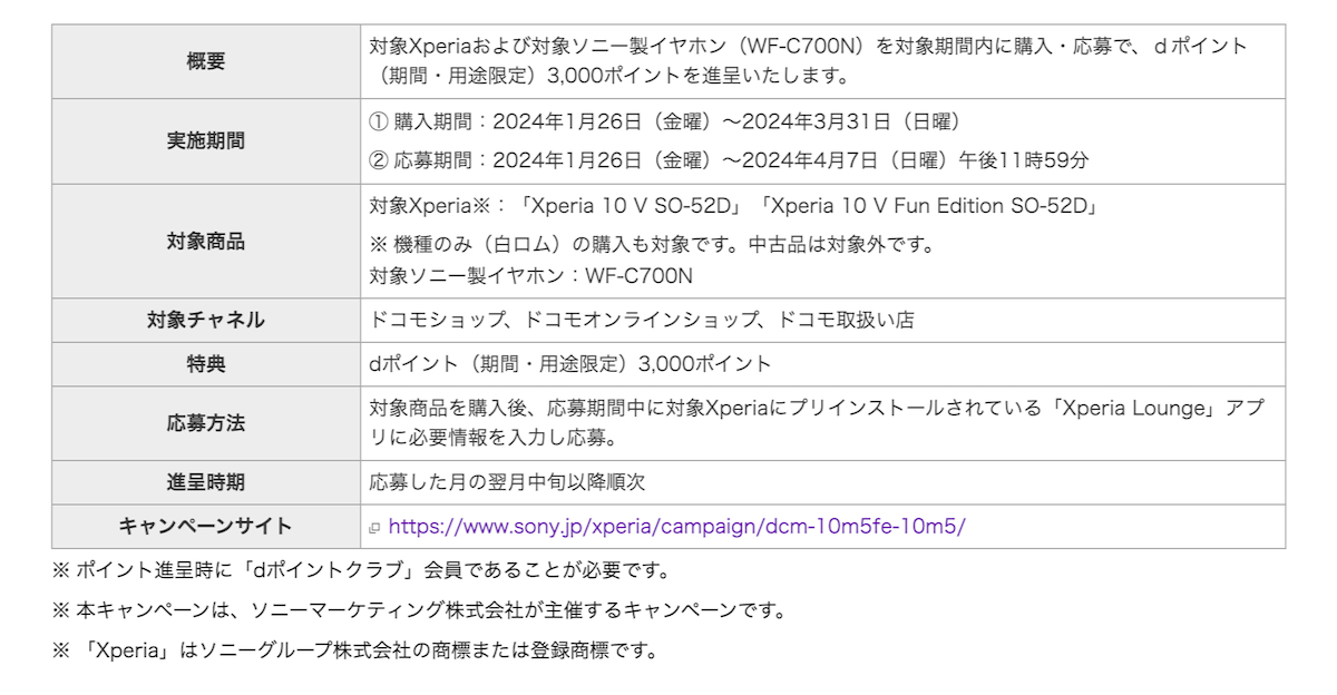 「Xperia 10 V Fun Edition SO-52D」発売記念！dポイントキャンペーン