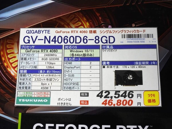 GIGABYTEからカード長170mmのGeForce RTX 4060搭載ビデオカードが発売