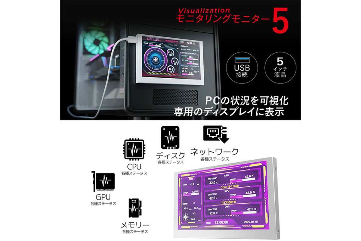 PC＋モニター PCスペック詳細は画像です ASCII.jp：PCの各種ステータスを表示する専用モニター（高機能5インチ