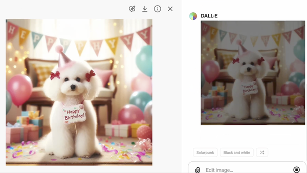 ユーザーの指示通りにAIが画像を編集し、犬の耳にリボンを付けた画像が出力された