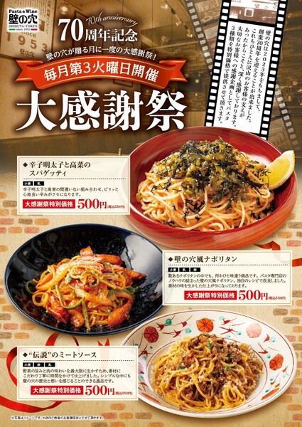 壁の穴のパスタ3品が550円