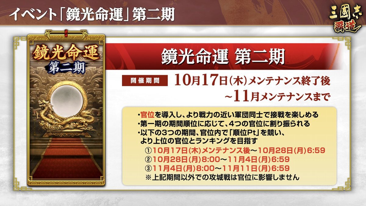 長期イベント「鏡光命運」第二期開幕！『三國志 覇道』にて10月アップデートを実施