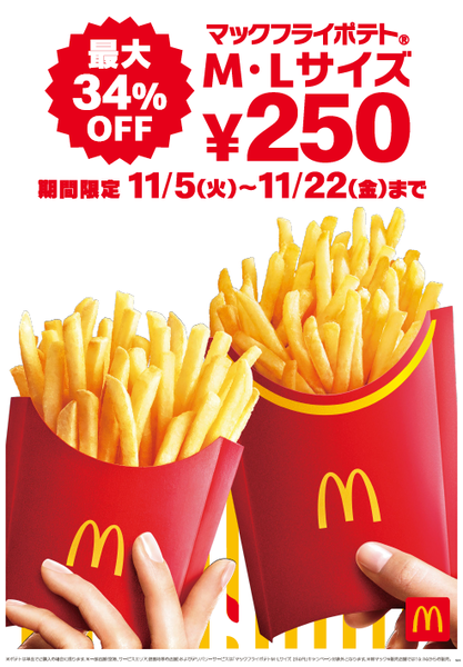 「マックフライポテト」のM・Lサイズを250円で提供するキャンペーン