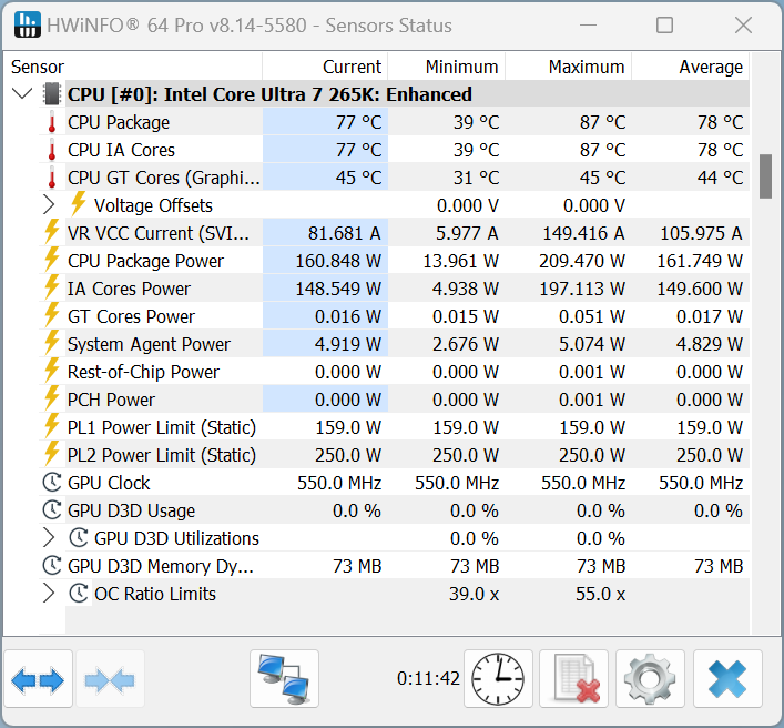 Core Ultra 7 265Kが最大87度！PL1を159Wに上げても空冷でゲーミングPCが安定動作