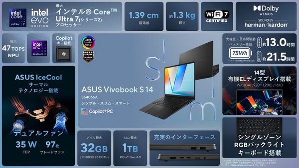 15万円台のCopilot+PC「Vivobook S14」