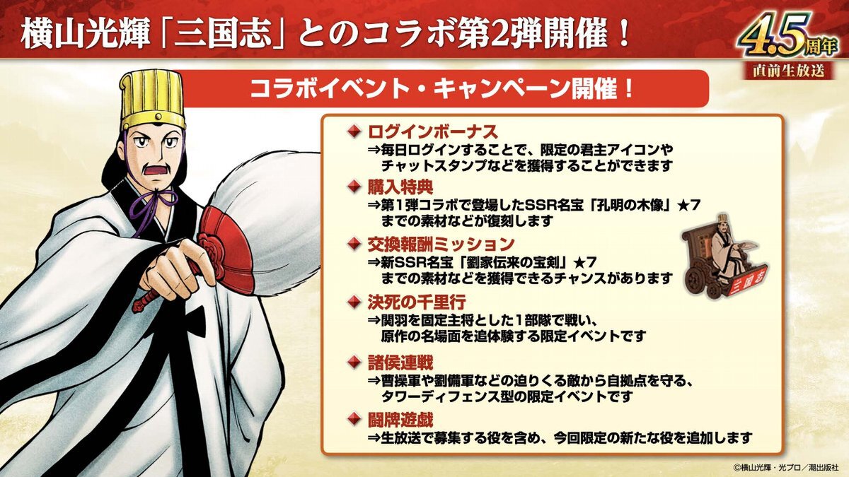 横山光輝「三国志」コラボ第2弾が開催!『三國志 覇道』4.5周年大型アップデートを実施