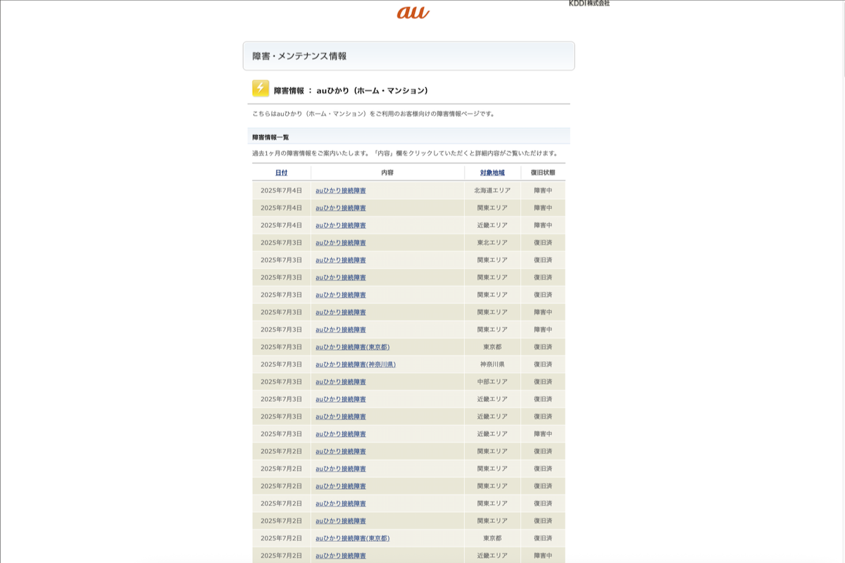 au ひかり 通信 障害