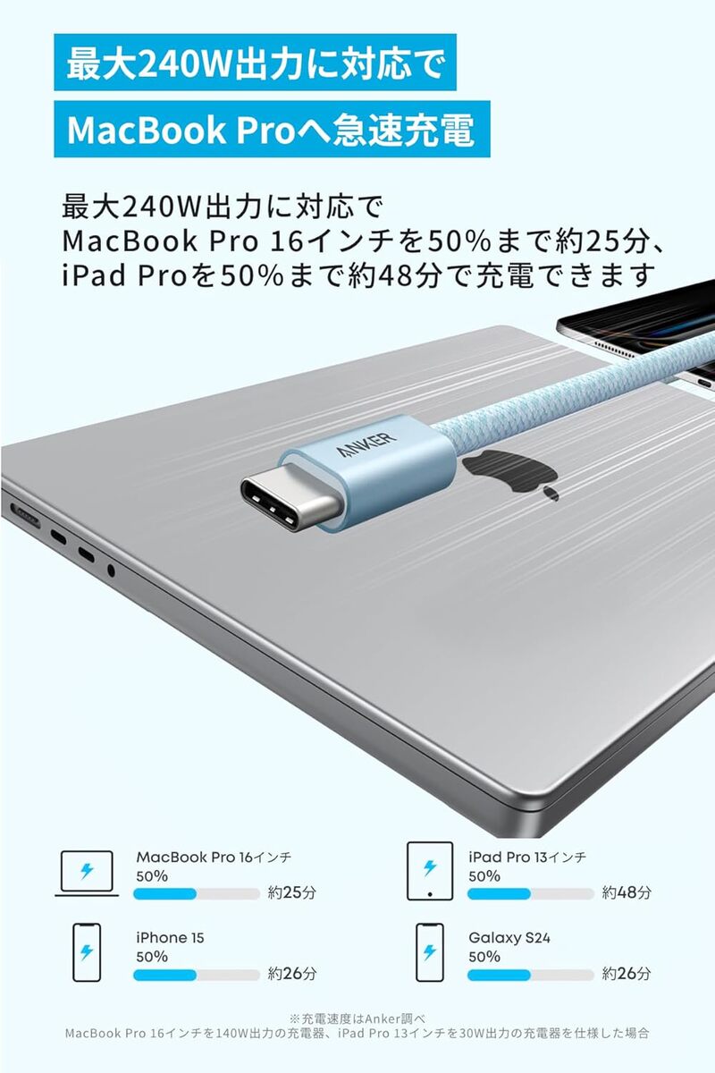 Anker Zolo USB-C & USB-C ケーブル（240W, 高耐久ナイロン）