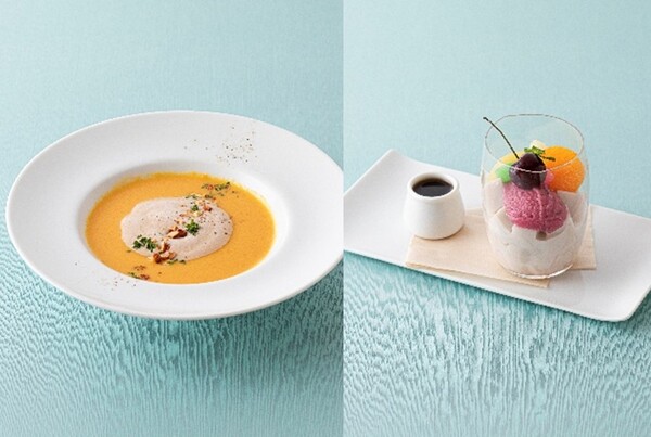 人参とアーモンドの冷製ポタージュ、洋風アーモンドあんみつ