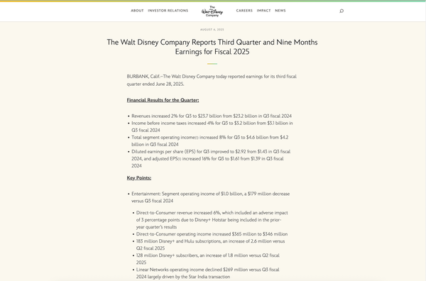 The Walt Disney Company Reports Third Quarter and Nine Months Earnings for Fiscal 2025のスクリーンショット