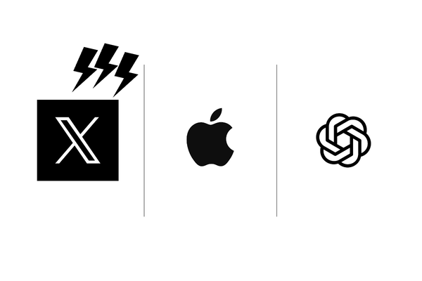 怒っているXとアップル、OpenAIのロゴ