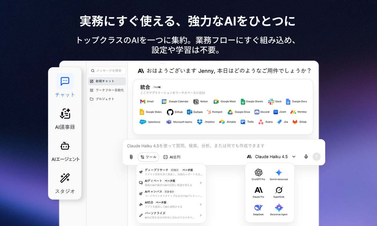 ChatGPTやGeminiなど10種以上のLLMを統合、法人向けオールインワンAI