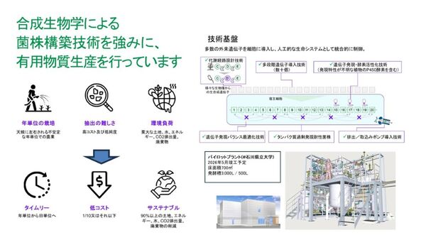 【3/3展示】合成生物学を用いた菌株設計・構築の技術で、天然由来の複雑な希少成分の高効率生産を行う