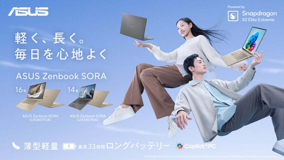 ASCII.jp：ASUS Zenbook SORA 14／16発表 約990g・最長33時間駆動のAI