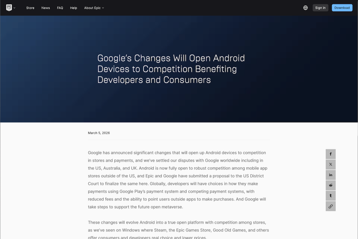 Epic Gamesのニュースリリース