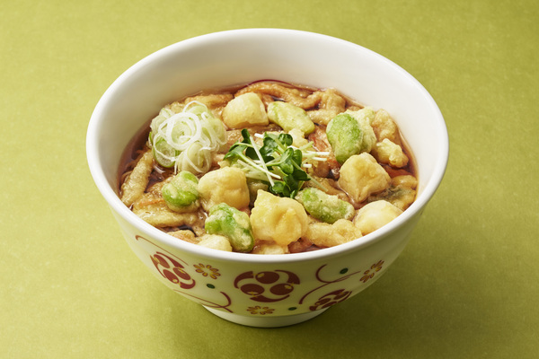 「いろり庵きらく」の「小柱とそら豆のばら天そば」