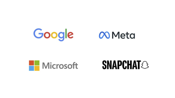 グーグル、マイクロソフト、メタ、Snapchatのロゴ