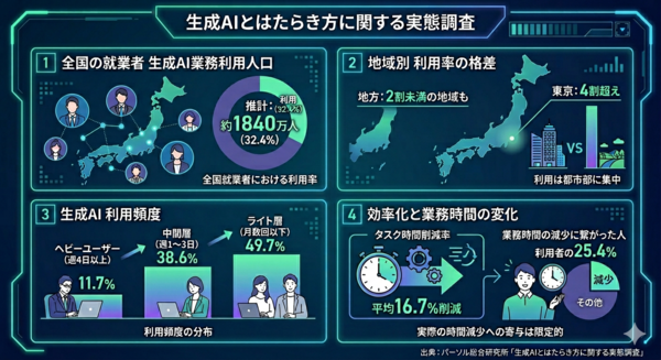 AIの活用で業務時間は平均16.7％削減　ただし4人に1人だけ