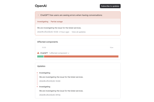 OpenAIの障害情報ページ