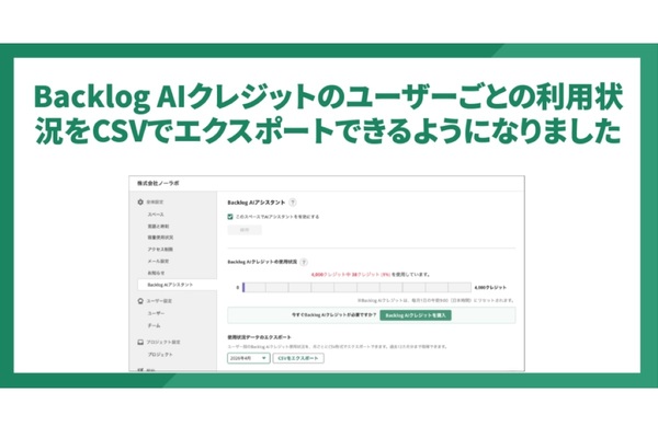 「誰がどれだけAIを使った?」が即わかる BacklogのAIに“ユーザー別クレジット消費”の可視化機能 「誰がどれだけAIを使った?」が即わかる BacklogのAIに“ユーザー別クレジット消費”の可視化機能