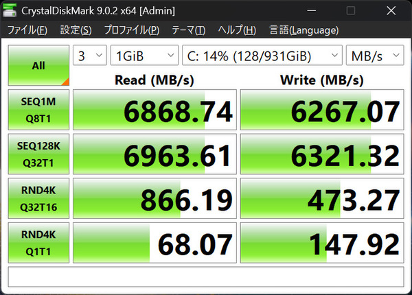 CrystalDiskMarkで計測したPrestige 14 Flip AI+ D3M内蔵SSDのシーケンシャルリード速度結果