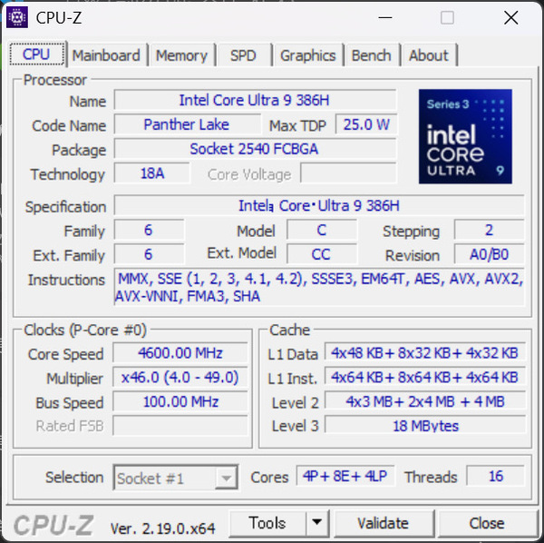 CPU-Zで確認したPrestige 14 Flip AI+ D3M搭載のIntel Core Ultra 9 386Hプロセッサー情報