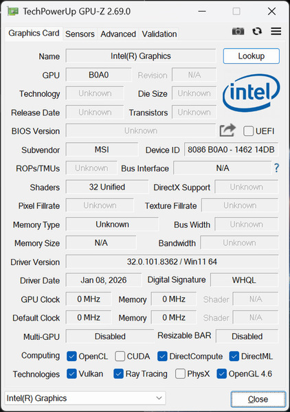 GPU-Zで確認したPrestige 14 Flip AI+ D3M搭載の統合グラフィックスIntel Graphics情報