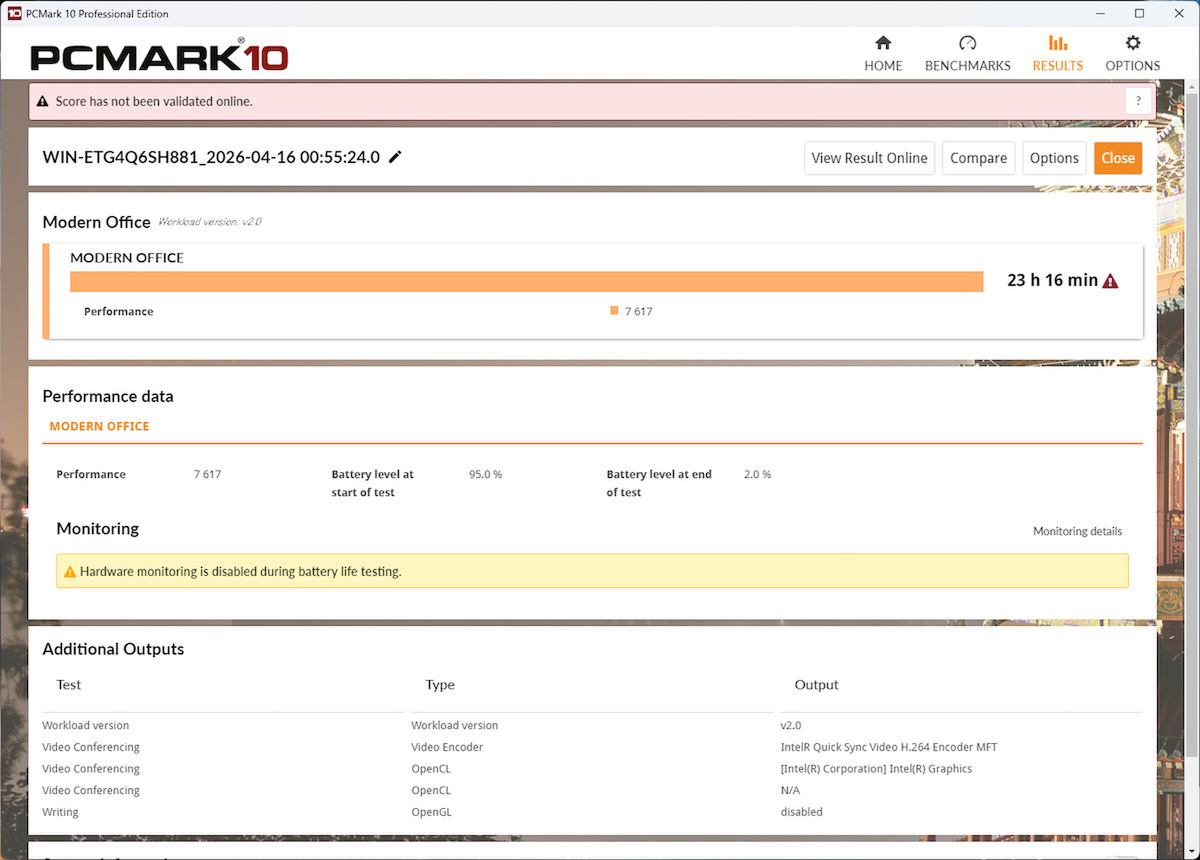 PCMark 10 Modern OfficeによるPrestige 14 Flip AI+ D3Mの23時間超えバッテリー駆動時間計測結果