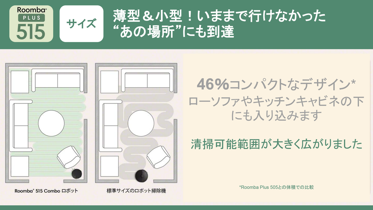 iRobotが日本向け薄型「Roomba Plus 515」発表