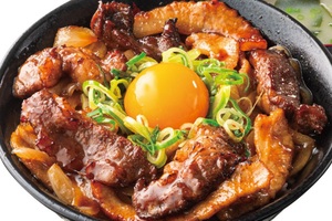 500g超のガッツリ系！厚切り牛カルビ×豚トロの肉まみれコンビ丼