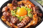 500g超のガッツリ系！厚切り牛カルビ×豚トロの肉まみれコンビ丼